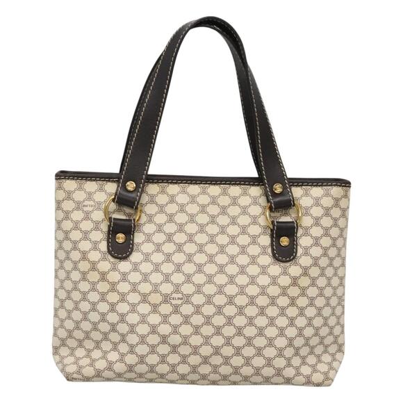 CELINE Macadam Canvas Hand Bag Pvc Leather White Gold - Picture 2 of 12